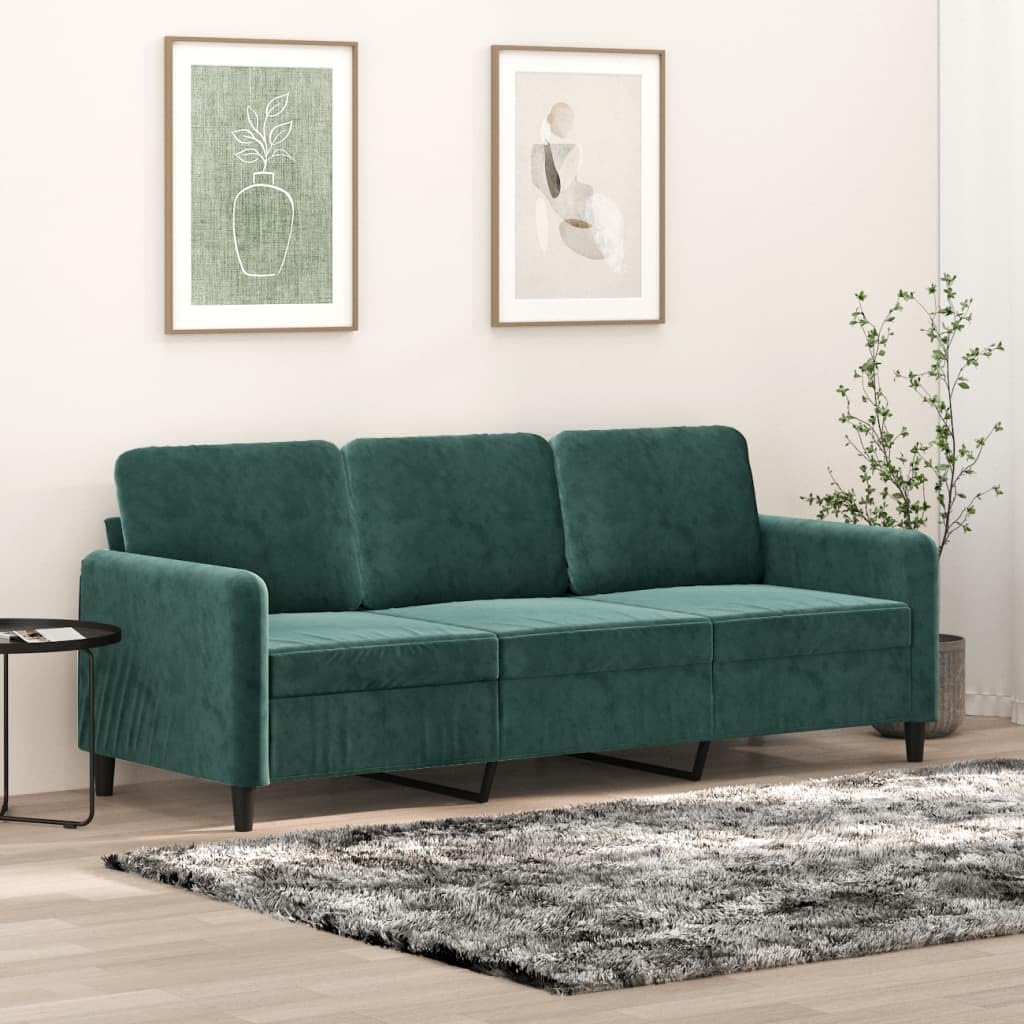 vidaXL Modern Dark Green 3-Seater Sofa, Velvet Ultra Soft Upholstered Couch, Sturdy Metal Frame, Deep Seating and Plush Cushions - Fits Living Room, Lounge Area, Office