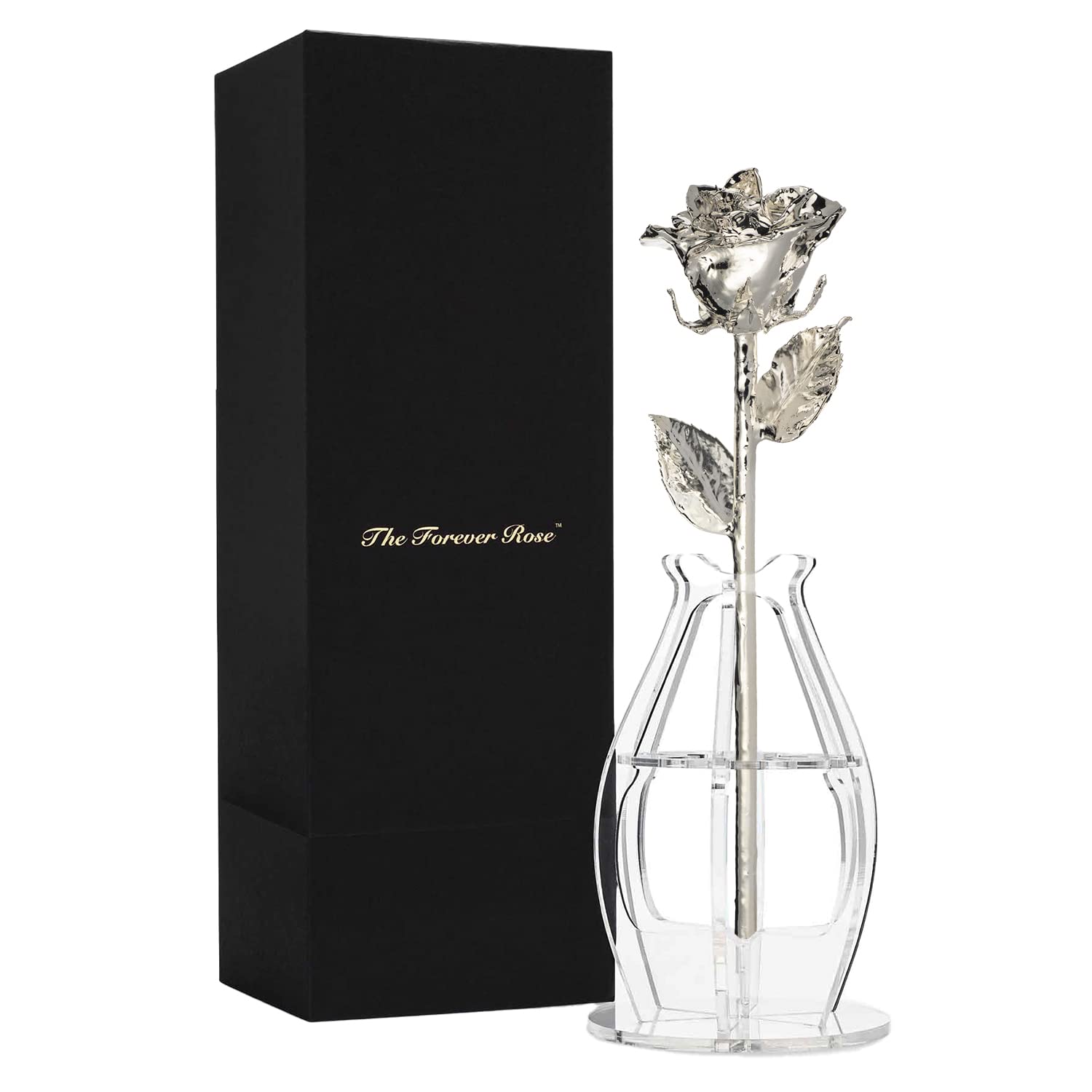 Forever Rose Bloom Box Bundle - a Genuine, One of a Kind, Real Rose Hand Dipped in Silver with Beautiful Phantom Vase and Bloomi