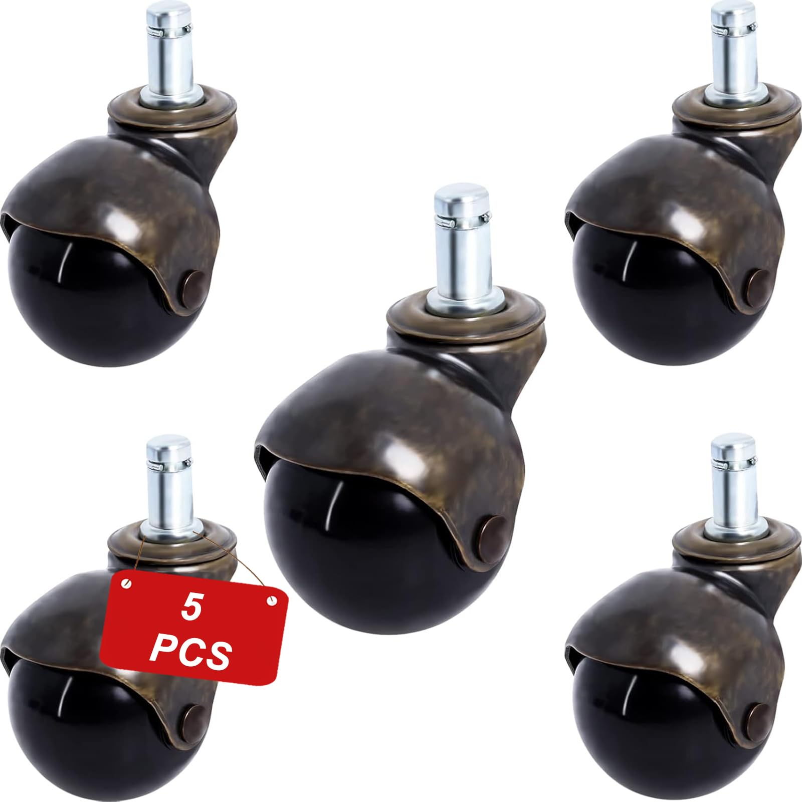Podoy Antique Caster Wheels For Furniture 2'' Brass Ball With Stem Socket (Pack Of 5) Vintage Rolling Casters Replacement For Office Chair Sofa Cabinet Chair Wheels Using For Hardwood Floor