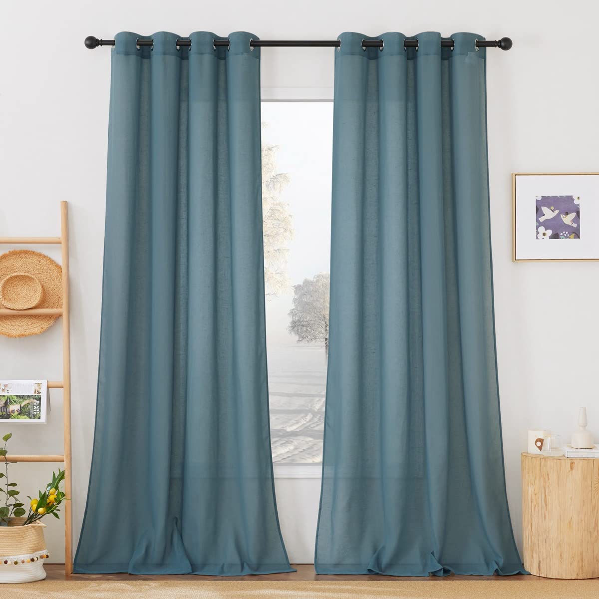 Nicetown Linen Blend Semi Sheer Curtains, (Smoke Blue) Grommet Top Privacy With Light Penetration Flax Sheer Curtains & Drapes F