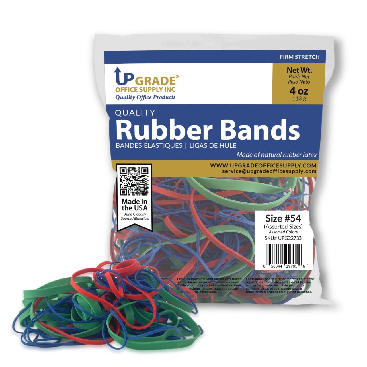 Upgrade Office Supply Upg22754A Rubber Bands, Size #54 (Assorted Sizes),Red, Blue, And Green, Made In Usa (4 Ounce Bag)