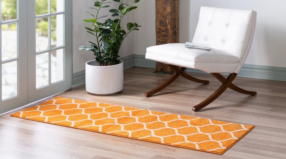 Unique Loom Trellis Frieze Collection Area Rug - Rounded (2' X 13' 1'' Runner Orange/Ivory)
