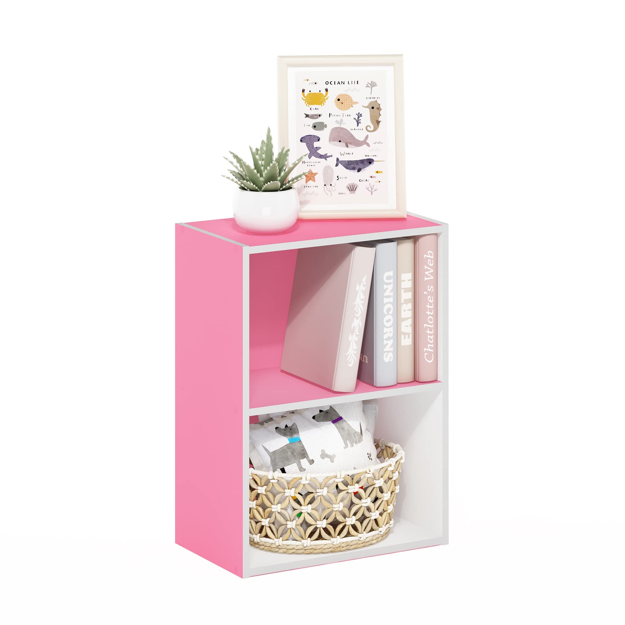 Furinno Luder Bookcase / Book / Storage, 2-Tier, Pink/White