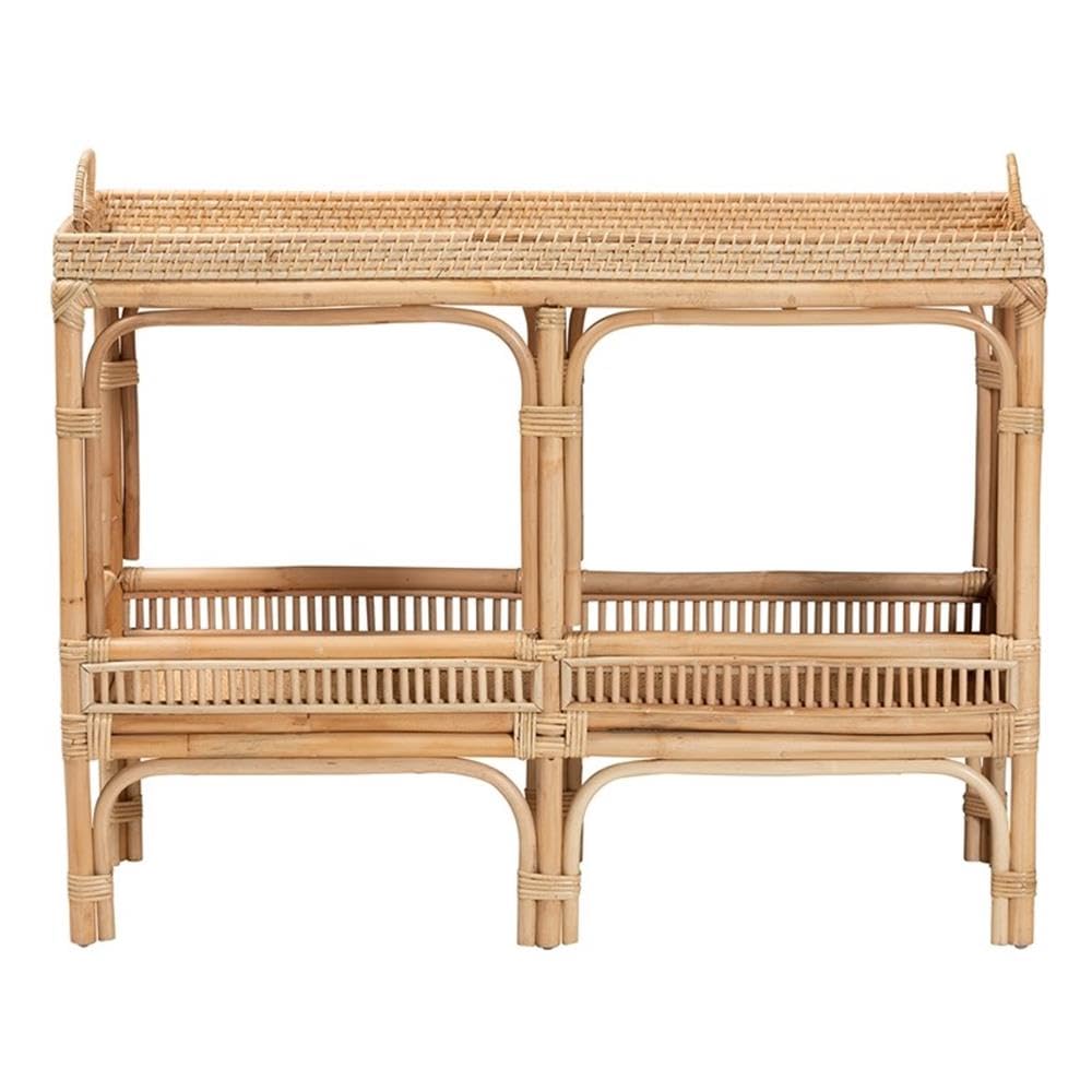Baxton Studio Lombok Modern Bohemian Rattan Console Table with One Lower Shelf & Ergonomic Side Handles, Fully Assembled, in Natural Brown Finish