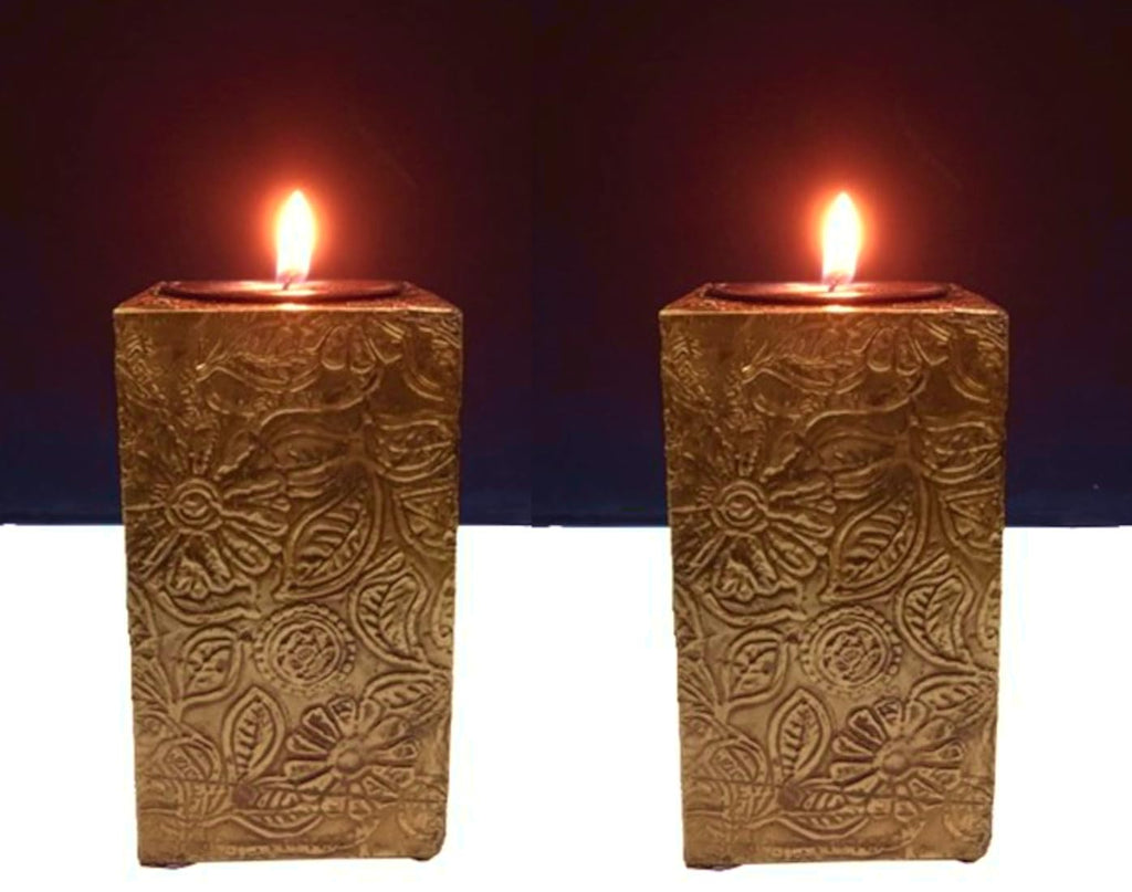 Purpledip Wooden T Light Candle Holders with Brass Sheet Cover (Set of 2) Golden, Indian Souvenir, Gift (10997)