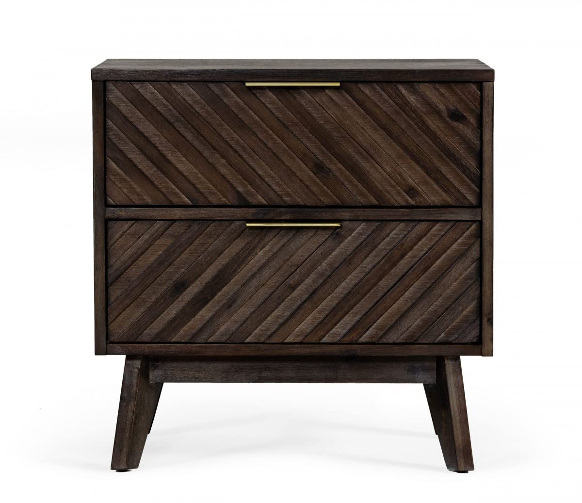 HomeRoots Acacia Veneer, Solid Wood, Steel Classic Chevron Dark Brown Nightstand with Two Drawers