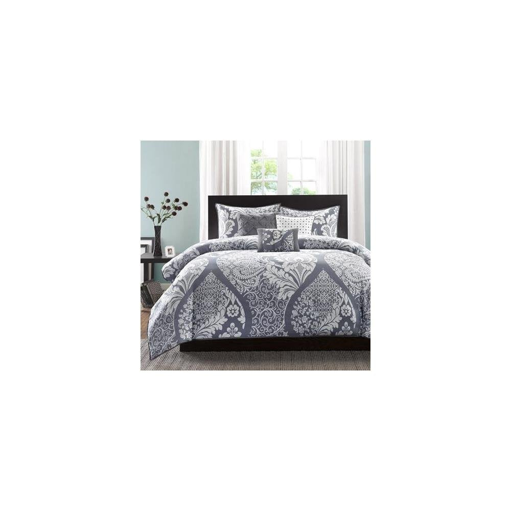 Madison Park Vienna Cotton Poly Blend Duvet Set - Classic Traditional Design, Cozy All Season Comforter Cover, Matching Shams, Decorative Pillows Vienna, Full/Queen(90'X90'), Grey 6 Piece