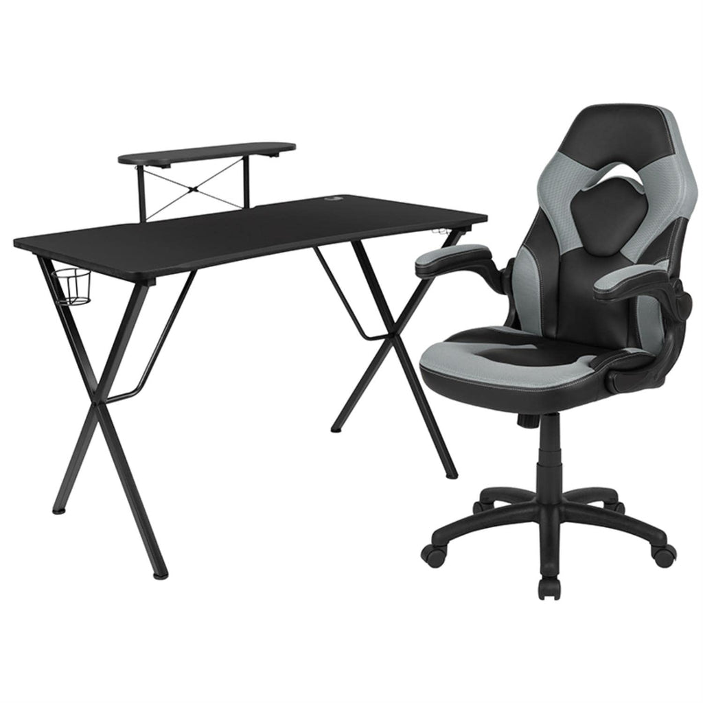 Flash Furniture Black Gaming Desk And Gray/Black Racing Chair Set With Cup Holder, Headphone Hook, And Monitor/Smartphone Stand