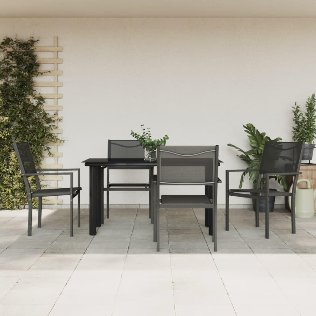 vidaXL 5-Piece Patio Dining Set - Weather-Resistant Black Steel Chairs with Textilene Upholstery and Tempered Glass Tabletop Ideal for Outdoor Use
