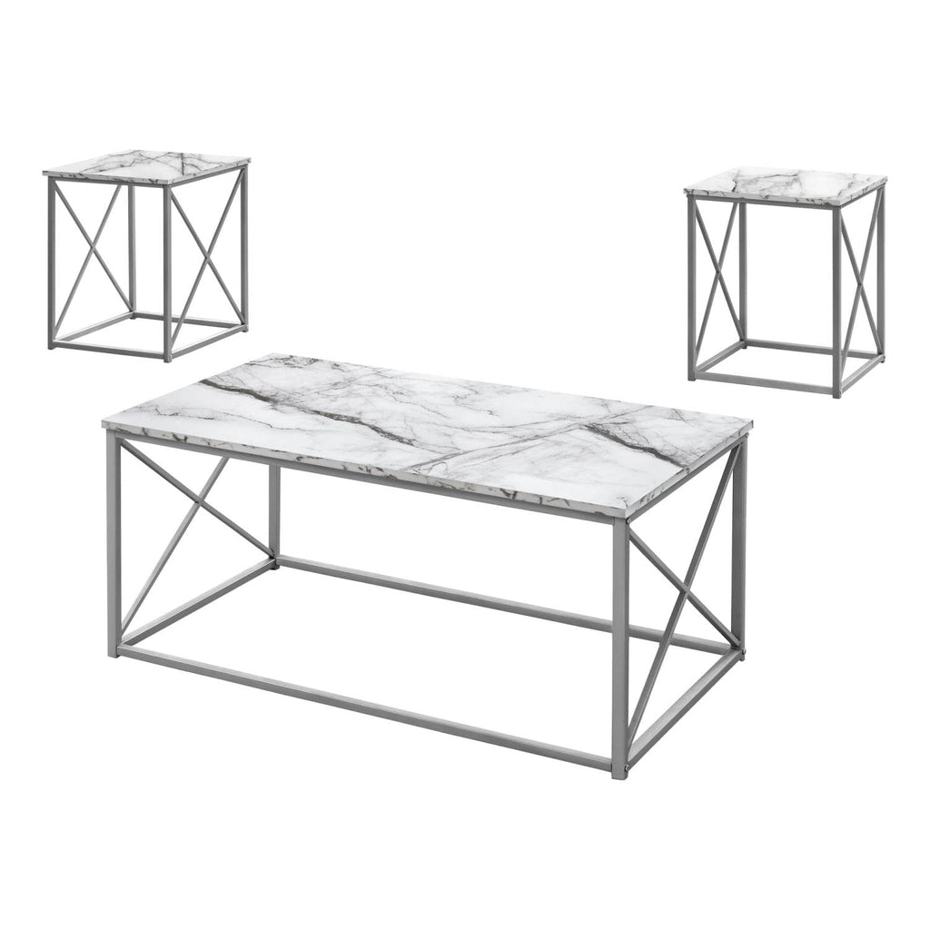 Monarch Specialties I 7953P Table Set, 3pcs Set, Coffee, End, Side, Accent, Living Room, Metal, Laminate, White Marble Look, Grey, Contemporary, Modern