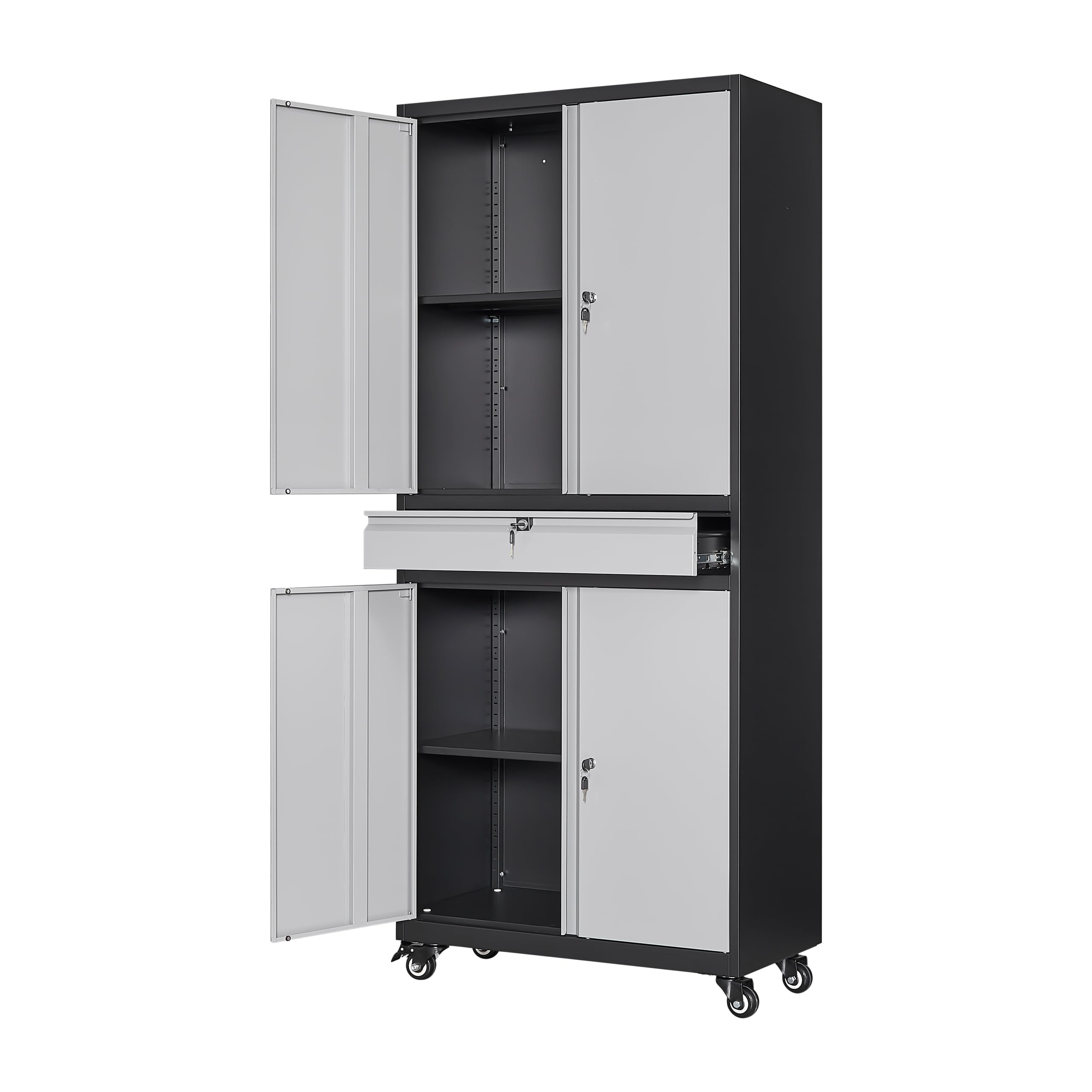 Yizosh Metal Garage Storage Cabinet With Locking Doors And Adjustable Shelves, Rolling Tool Storage Cabinet With 4 Wheels And 1