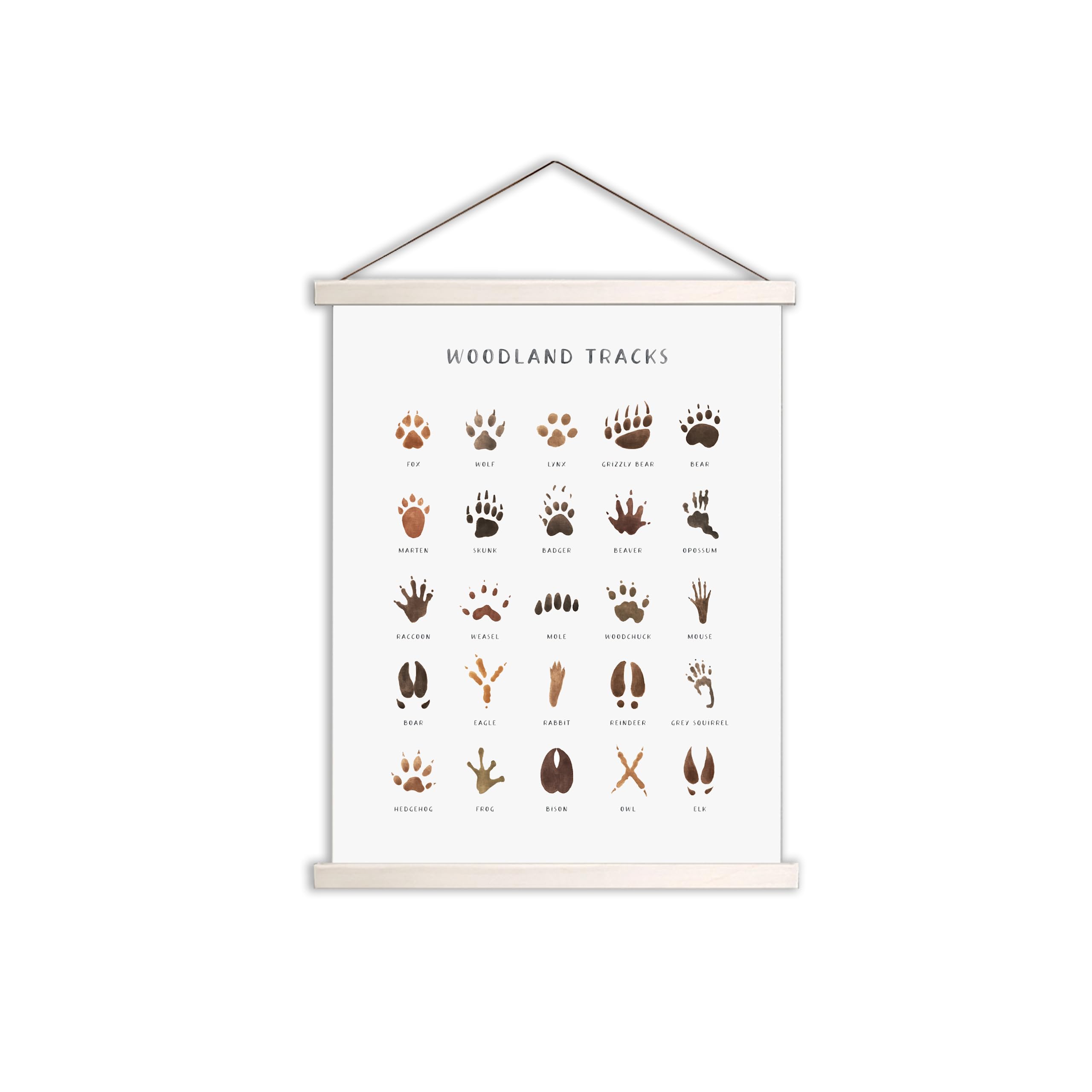 Woodland Tracks Hanging Poster, Canvas Artwork Woodland Nursery Decor 16x20 Inch, Animal Tracks Field Guide Sign, Forest Nursery