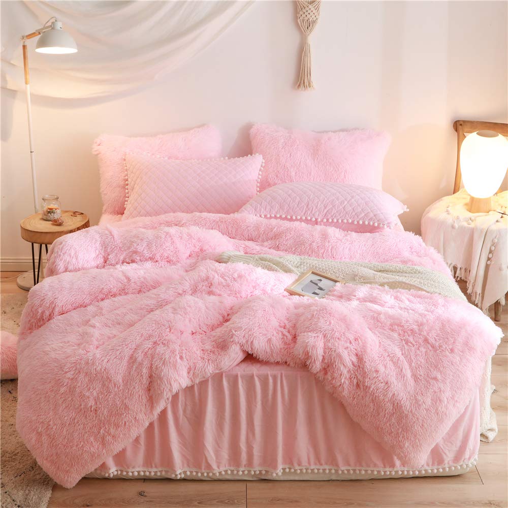 Haihua Pink Fluffy Comforter Set, Fluffy Plush Shaggy Duvet Cover 2 Pieces Set (1 Faux Fur Duvet Cover + 1 Plush Pillow Cases) V