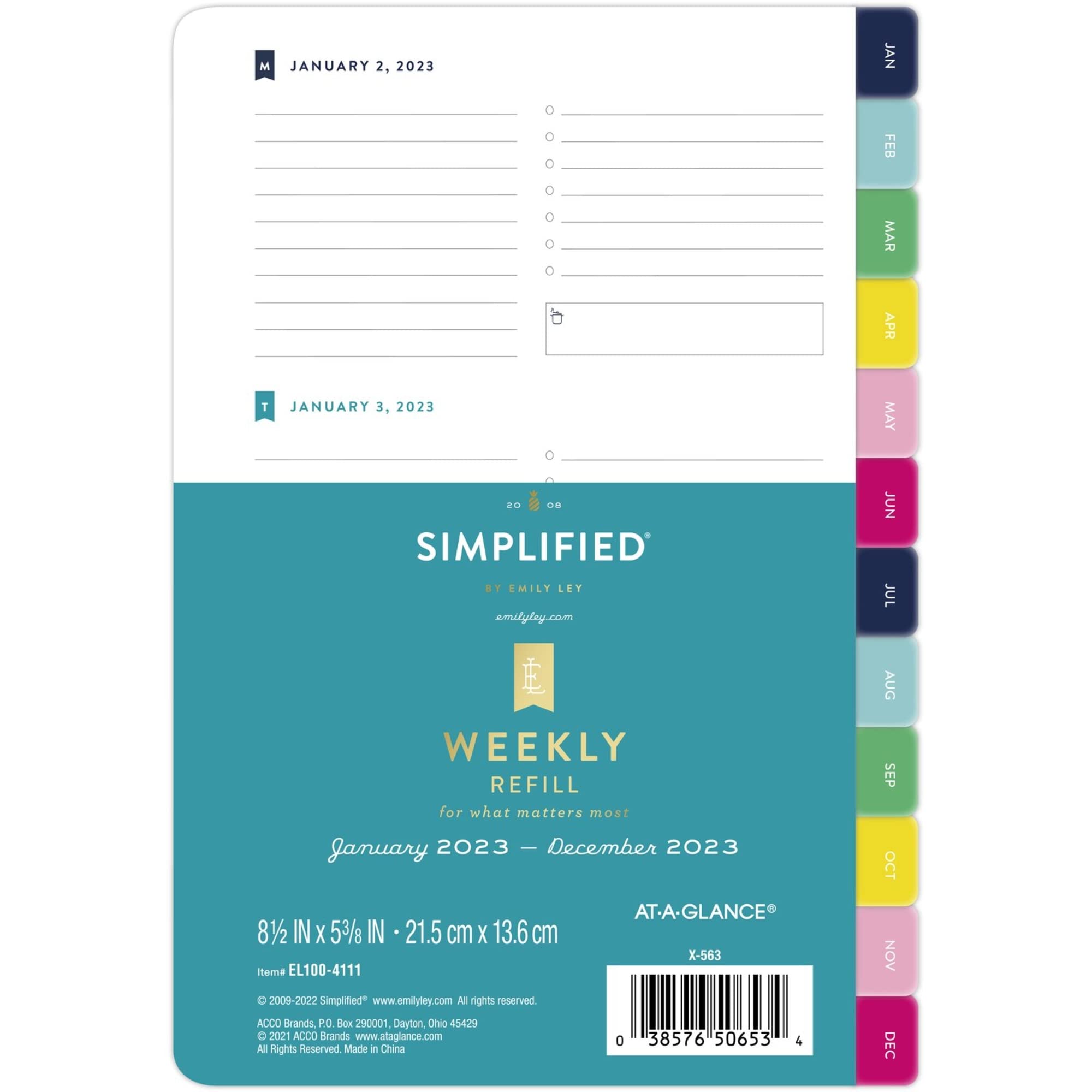 At-A-Glance 2023 Weekly Refill, Simplified By Emily Ley, 5-1/2' X 8-1/2', Desk Size, Monthly Tabs (El100-4111)