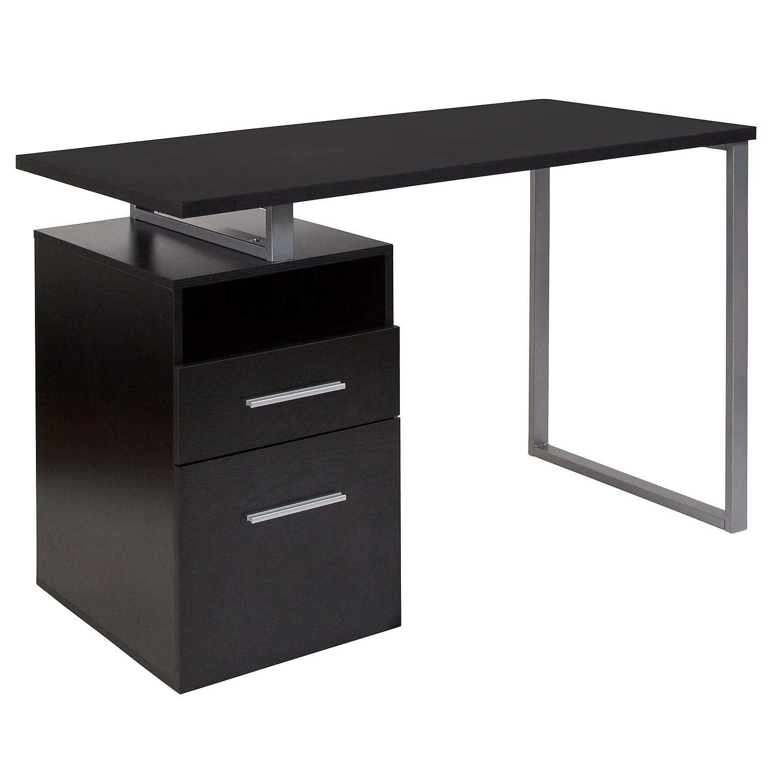 Flash Furniture Harwood Dark Ash Wood Grain Finish Computer Desk With Two Drawers And Silver Metal Frame