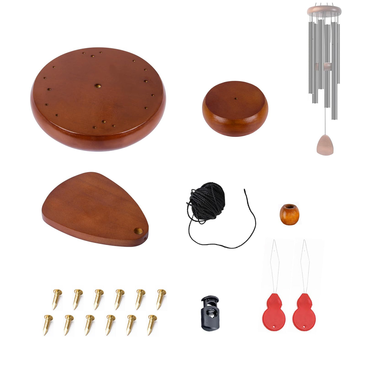 Wind Chime Parts Replacement, 20 Pcs Wood Wind Chime Repair Kit Including Round Top, Clapper, Wind Catcher, 16.4Ft Nylon Cord, B