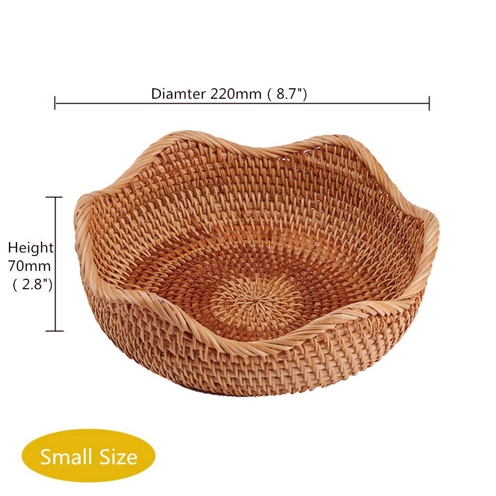 Amololo Handmade Rattan Round Fruit Basket Food Storage Bowl Kitchen Organizer Snack Serving Bowl 9 10 11 Inch Wavy Edge Circle