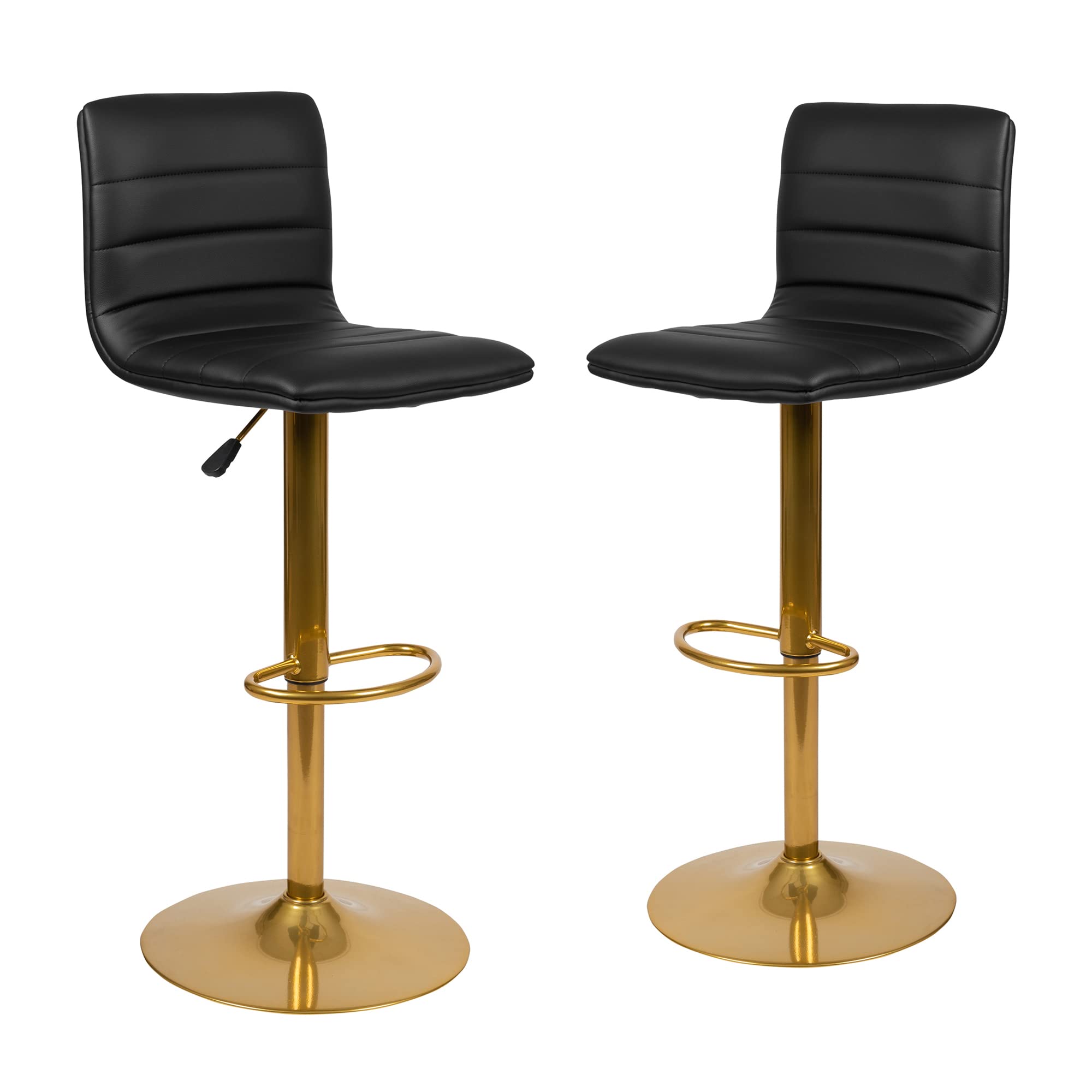 Flash Furniture Vincent Modern Black Vinyl Adjustable Bar Stool With Back, Counter Height Swivel Stool With Gold-Pedestal Base, Set Of 2