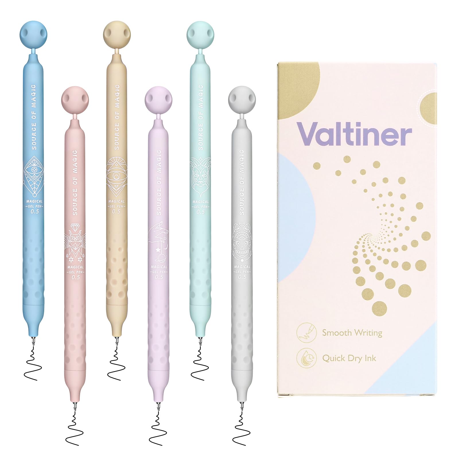 Valtiner 6Pcs Gel Ink Pens, 0.5Mm Fine Point Black Ink, Retractable Ball Shape Design, Quick Dry And Smooth Writing For Journali