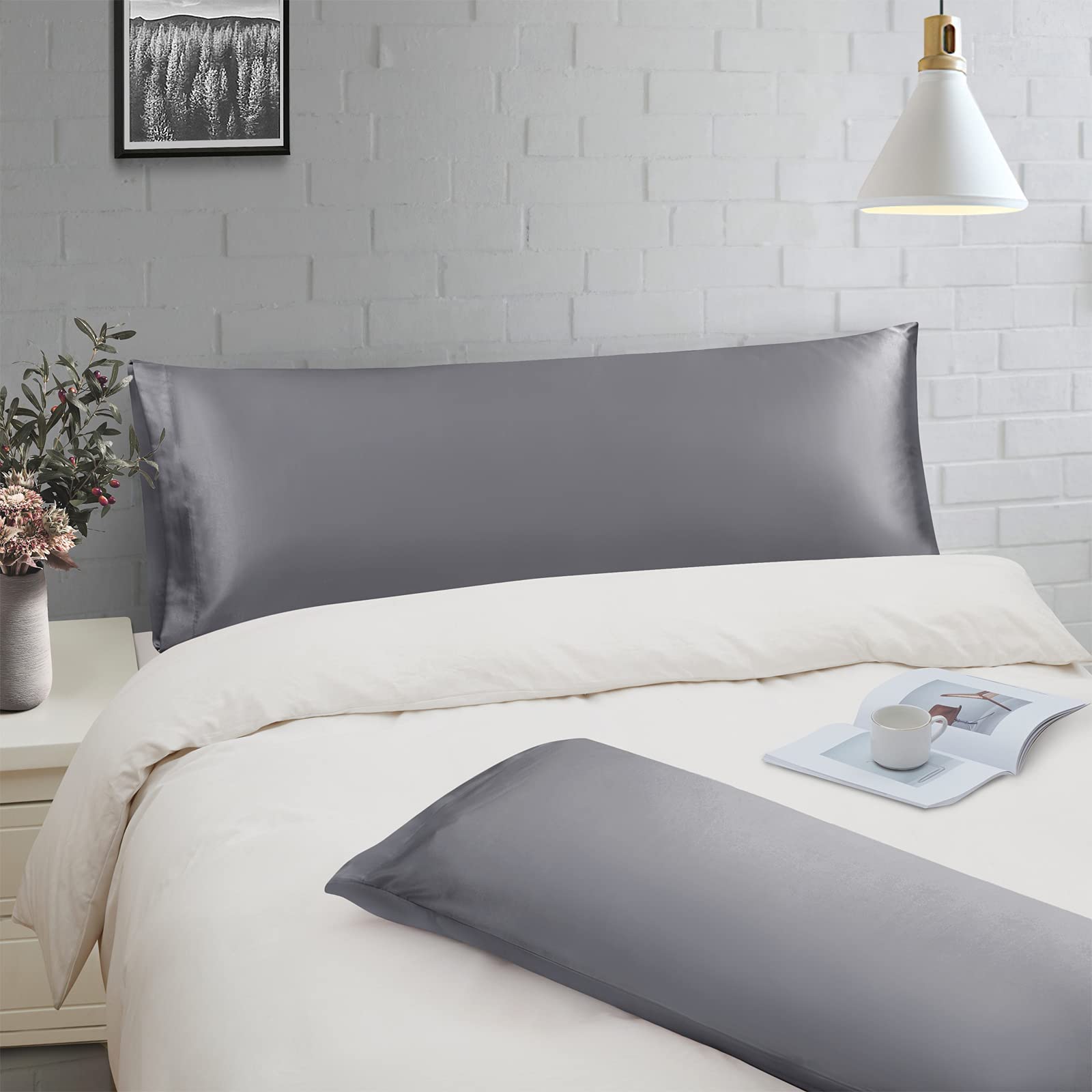 Ersmak Satin Body Pillow Cover Set Of 2, 20X54 Inches Grey Ultra Soft Satin Body Pillow Case For Hair And Skin, Silky Slip Cooli