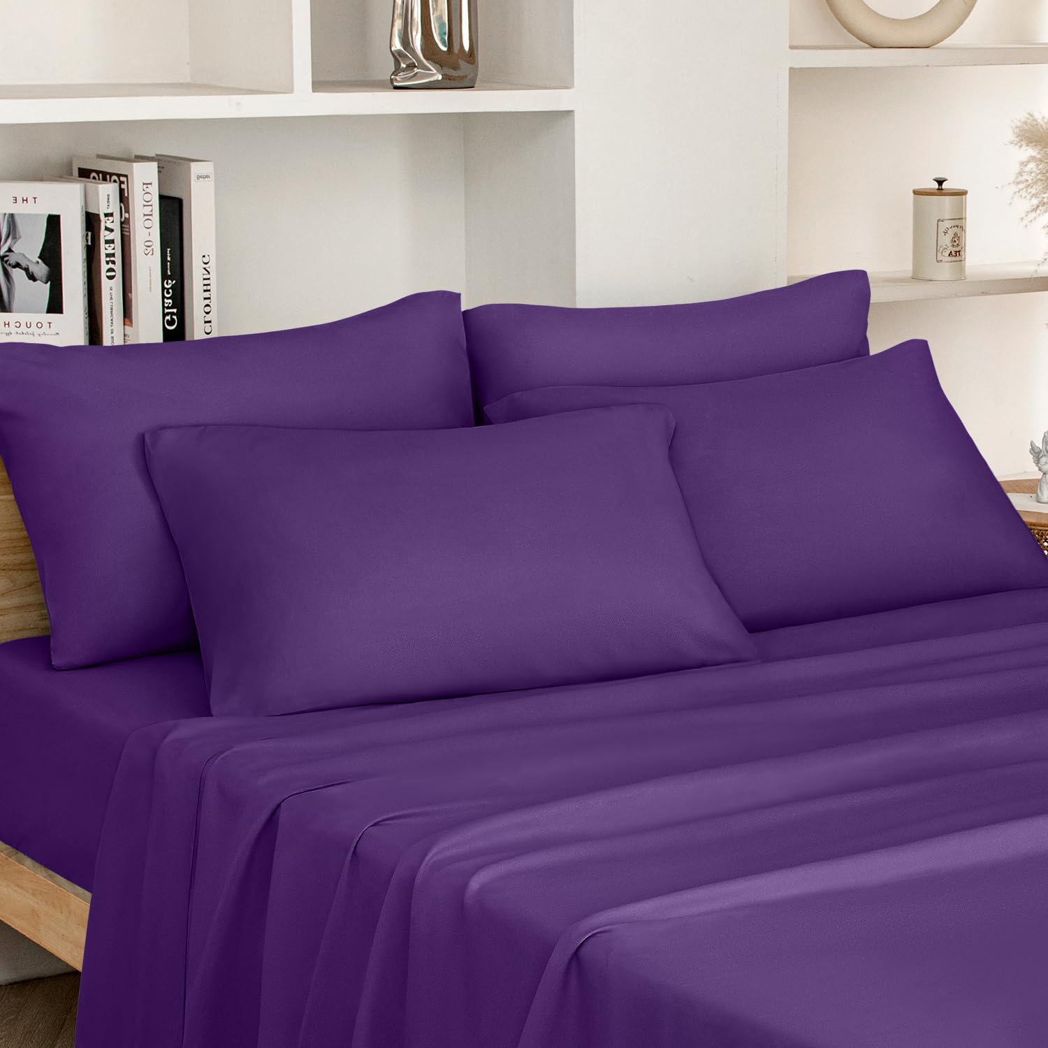 Homeideas King Size Bed Sheets - 6 Piece Set (Eggplant Purple) - Extra Soft Brushed Microfiber 1800 Bedding Sheets, Deep Pocket,