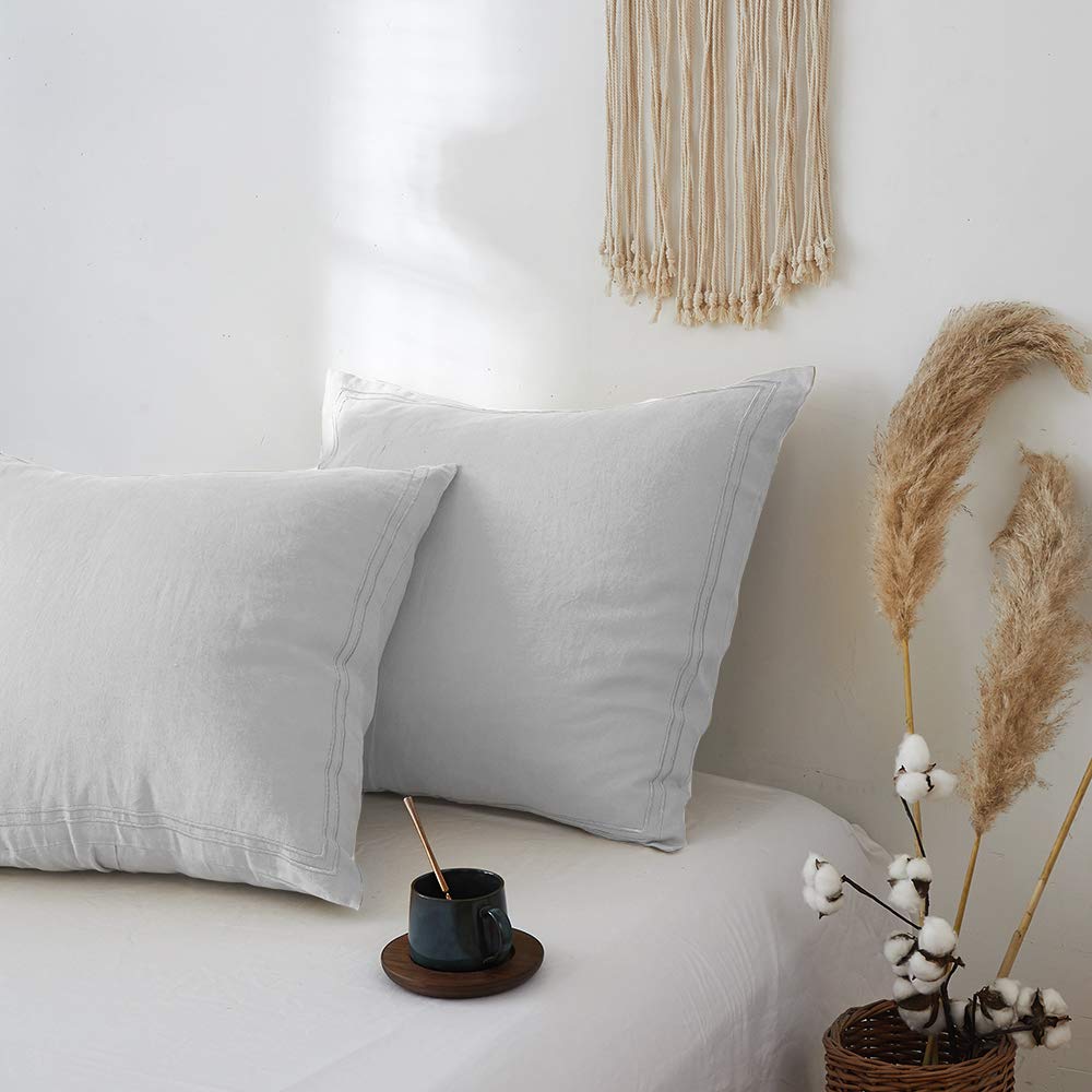 Simple&Opulence 100% French Linen Euro Shams With Embroidery (26'' X 26'') - Pack Of 2 - Pre Washed Solid Color Natural Flax Soft Breathable - Grey