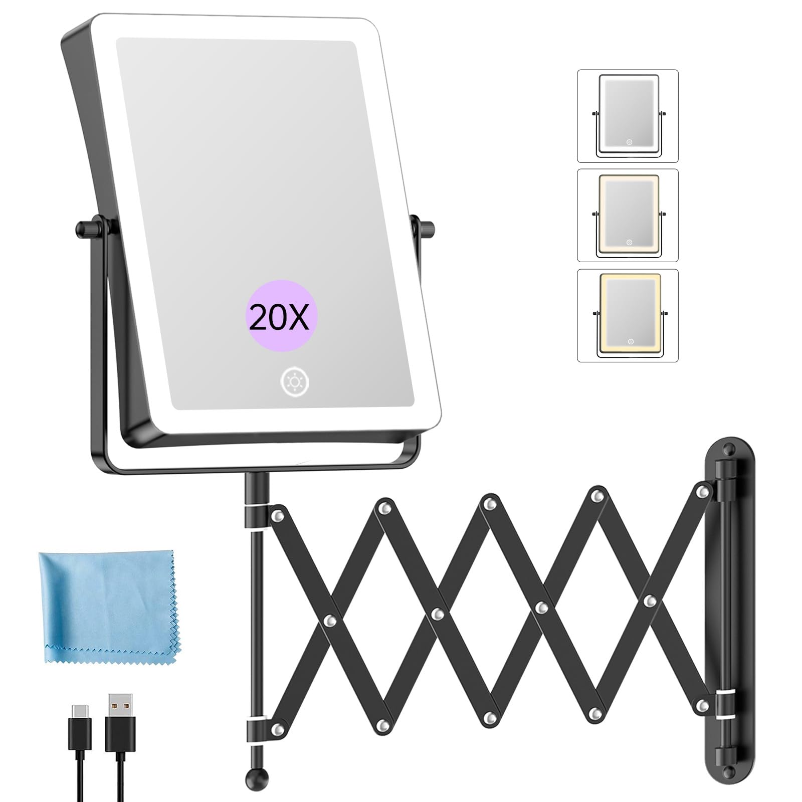 FASCINATE Rechargeable Wall Mounted Makeup Mirror with Lights, 8.7 Inch Double Sided Touch Switch 1X 20X Magnifying Bathroom Mir