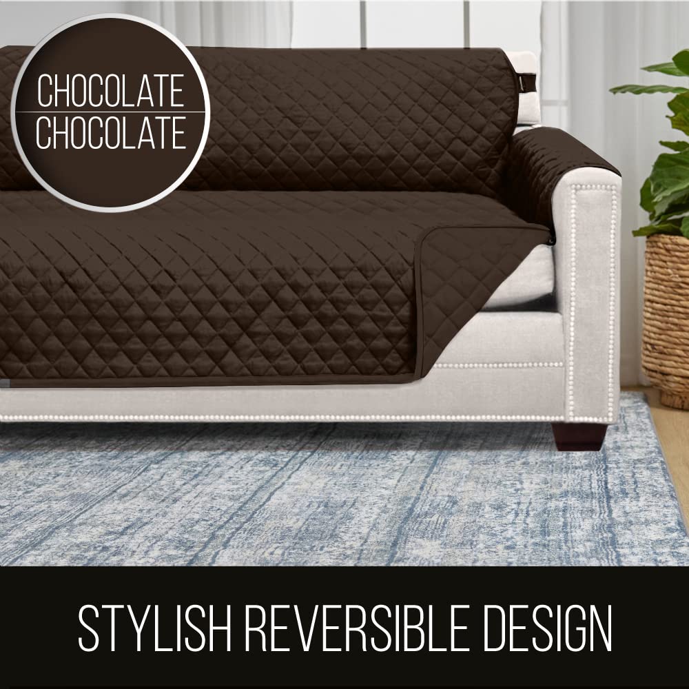 Sofa Shield Patented Couch Slip Cover, Large Cushion Protector, Reversible Stain And Dog Tear Resistant Slipcover, Quilted Microfiber 62” Seat, Washable Covers For Dogs Pets Kids, Chocolate