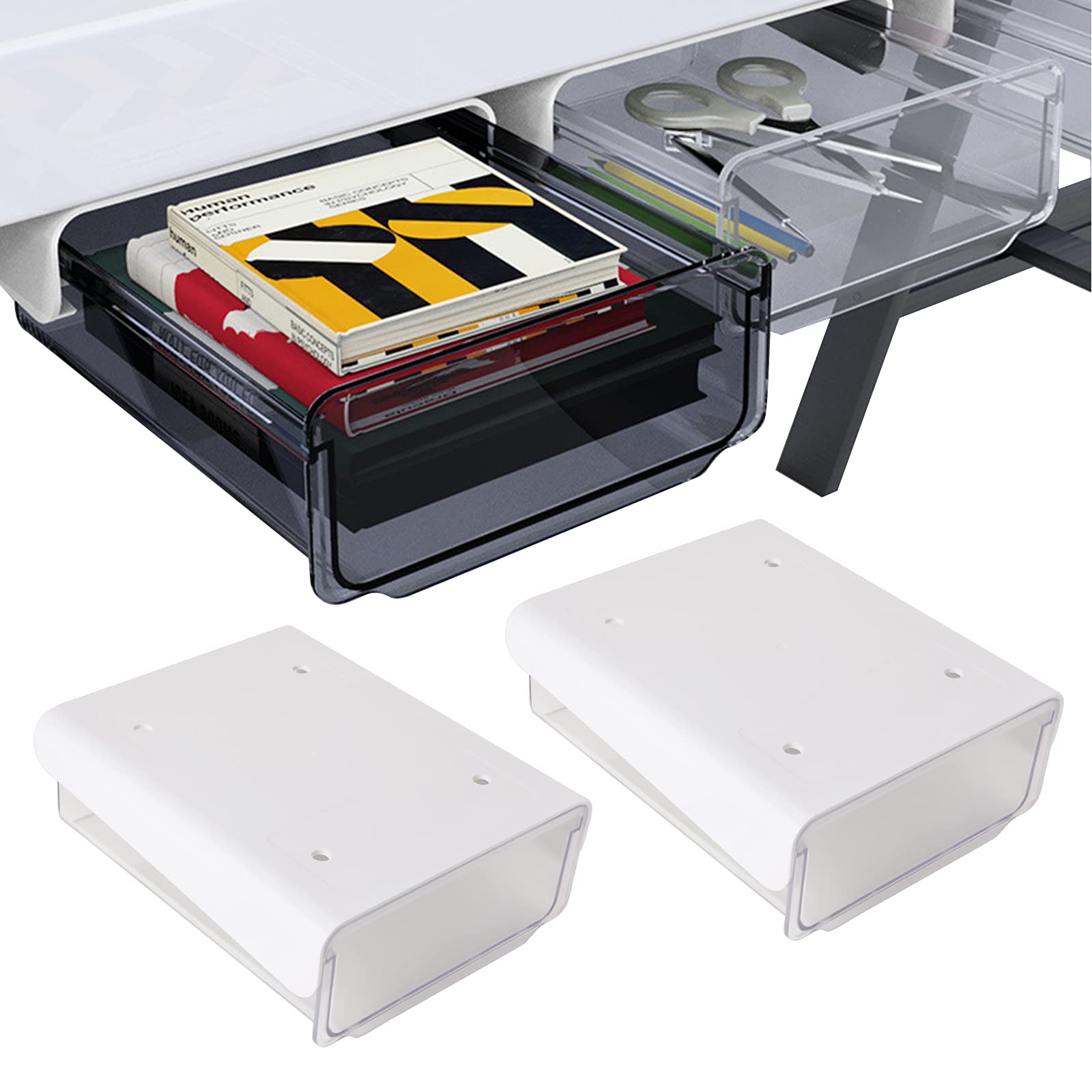 Davidsons Collection Self-Adhesive Under Desk Drawer, 2 Packs Table Hidden Organizer Slide Out Large Storage Desktop Pencil Tray