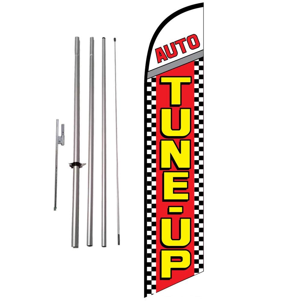 Tune Up Auto Repair Shop Advertising Feather Banner Swooper Flag Sign With 15 Foot Flag Pole Kit And Ground Stake, Red And Yello