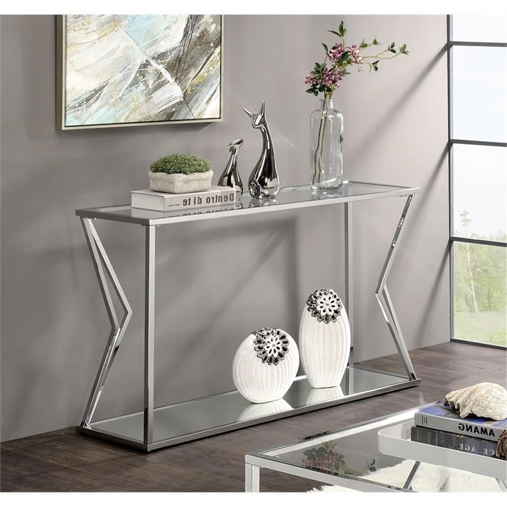 Acme Virtue Glass Top Sofa Table with Bottom Shelf in Clear and Chrome