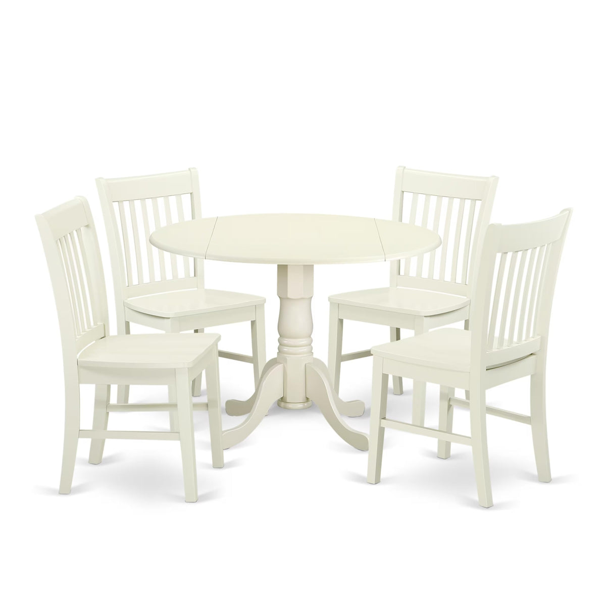 East West Furniture DLNO5-LWH-W 5 Piece Dining Set Includes a Round Dining Room Table with Dropleaf and 4 Kitchen Chairs, 42x42 Inch, Linen White