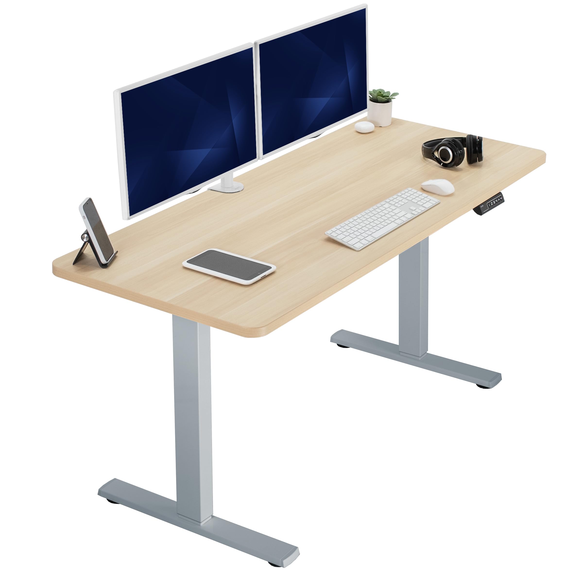 VIVO Electric 60 x 24 in Standing Desk, Memory Height Adjustment, 1B Series, Holds 220 lbs, One-Piece Light Wood Top, Gray Frame