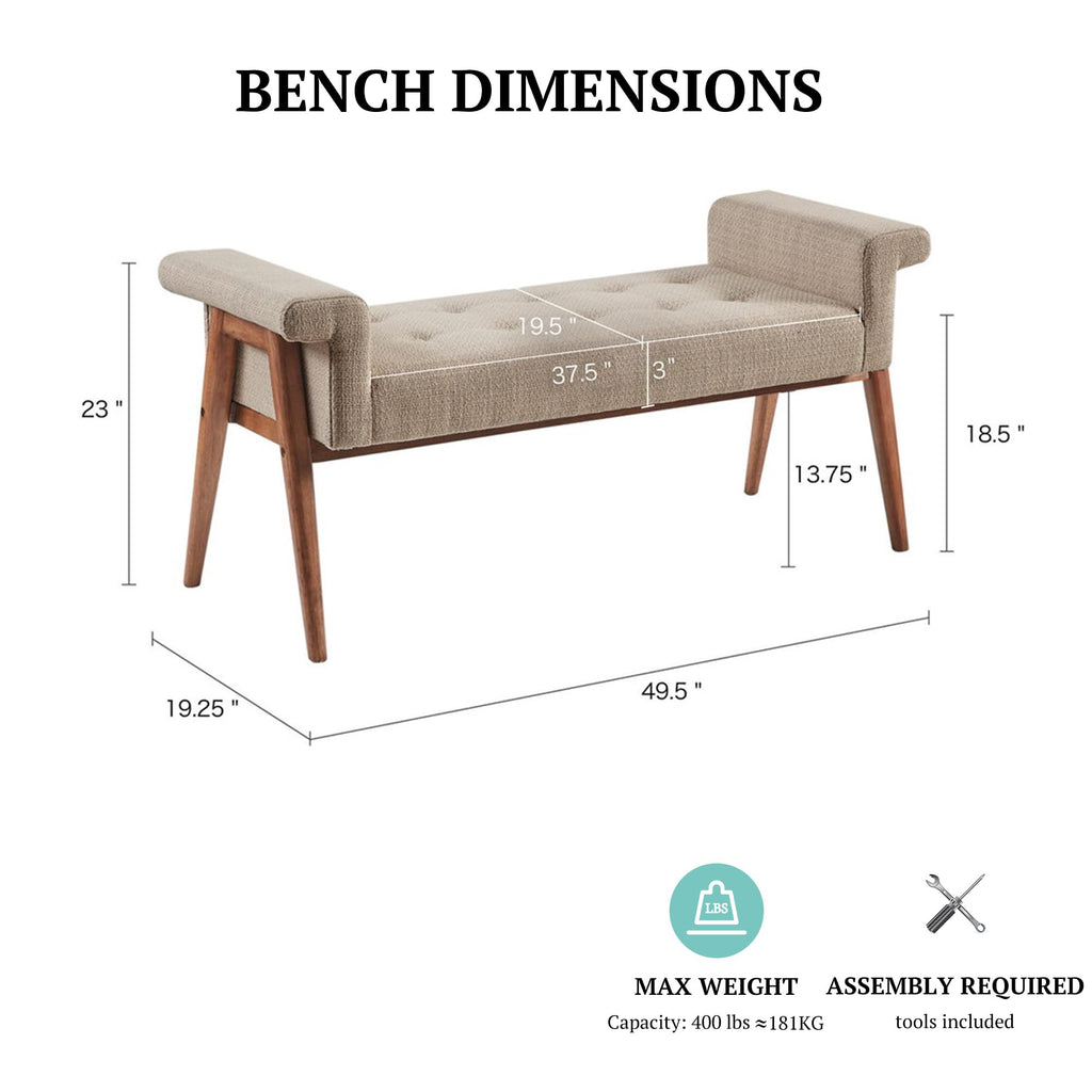 INK+IVY Mason Entryway Accent Bench with Armrest, 3" Padded Tufted Seating Bench for Living Room, Modern Compact Bed End Bench with Solid Wood Legs & Soft Basketweave Uplhostery, 49.5" W, Tan