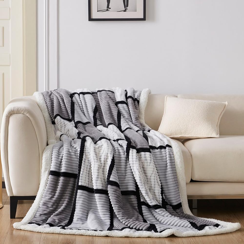 Gracelife Sherpa Fleece Throw Blanket For Couch, Soft And Cozy Full Blanket, Warm Checkered Oversized Blanket 80'*90'-Thick Fl