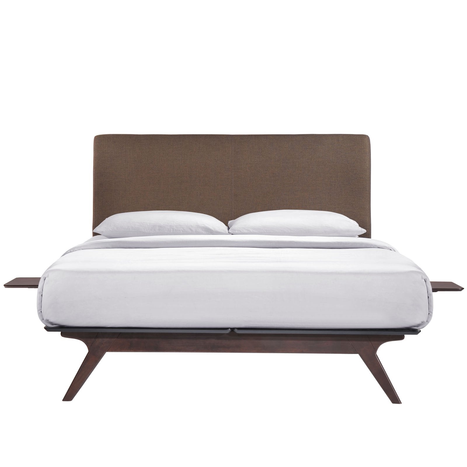 Modway Tracy Mid-Century Modern Wood Platform Queen Bed with Two Nightstands in Cappuccino Brown