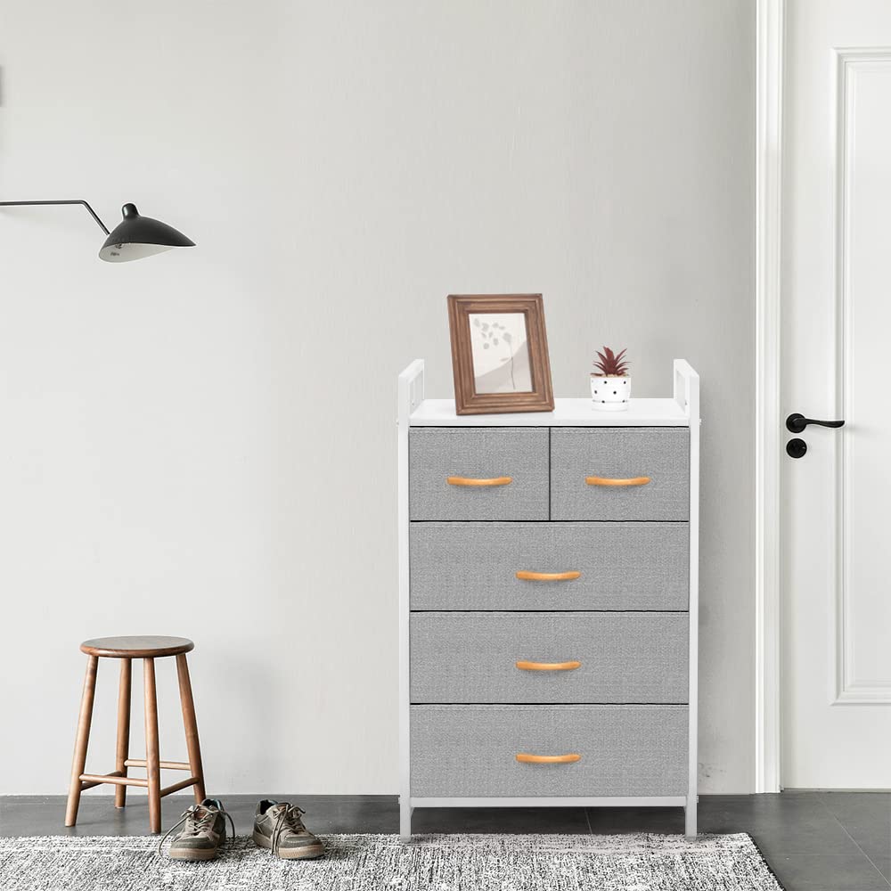 Azl1 Life Concept Storage Dresser Furniture Unit - Large Standing Organizer Chest For Bedroom, Office, Living Room, And Closet - 5 Drawers Removable Fabric Bins - Light Grey