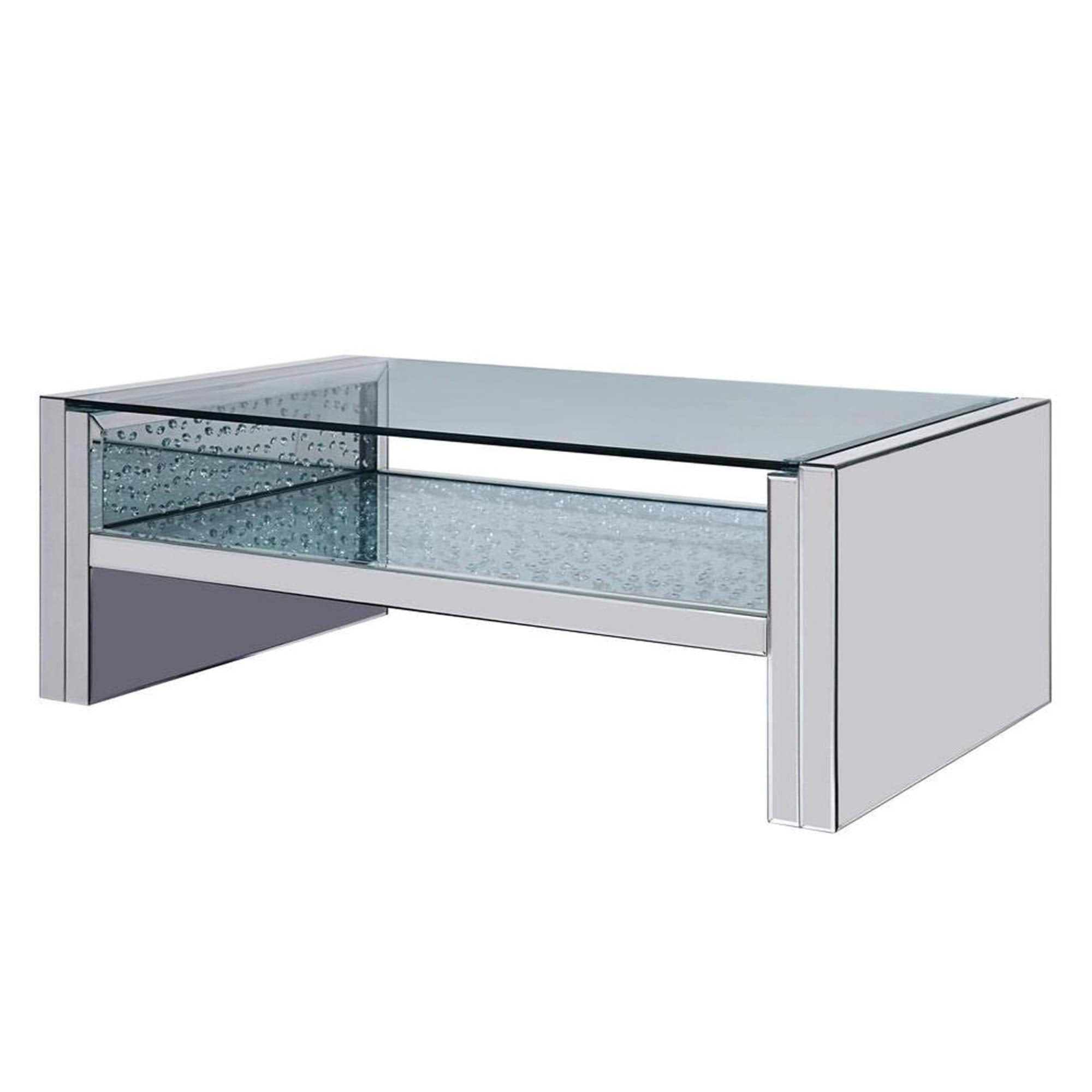 Benjara Wood and Mirror Coffee Table with Studded Faux Crystals, Clear