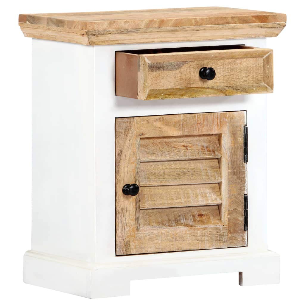 vidaXL Solid Rough Mango Wood Nightstand with Drawer and Door, White and Brown, Scandinavian Farmhouse Style, Bedroom Side Cabinet 15.7&quot;x11.8&quot;x19.6&quot;