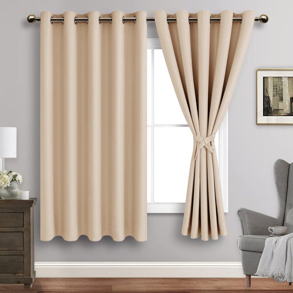Jiuzhen Beige Blackout Curtains With Tiebacks - Thermal Insulated, Light Blocking And Noise Reducing Grommet Curtains For Bedroom And Living Room, Set Of 2 Window Curtain Panels, 60 X 63 Inch Length