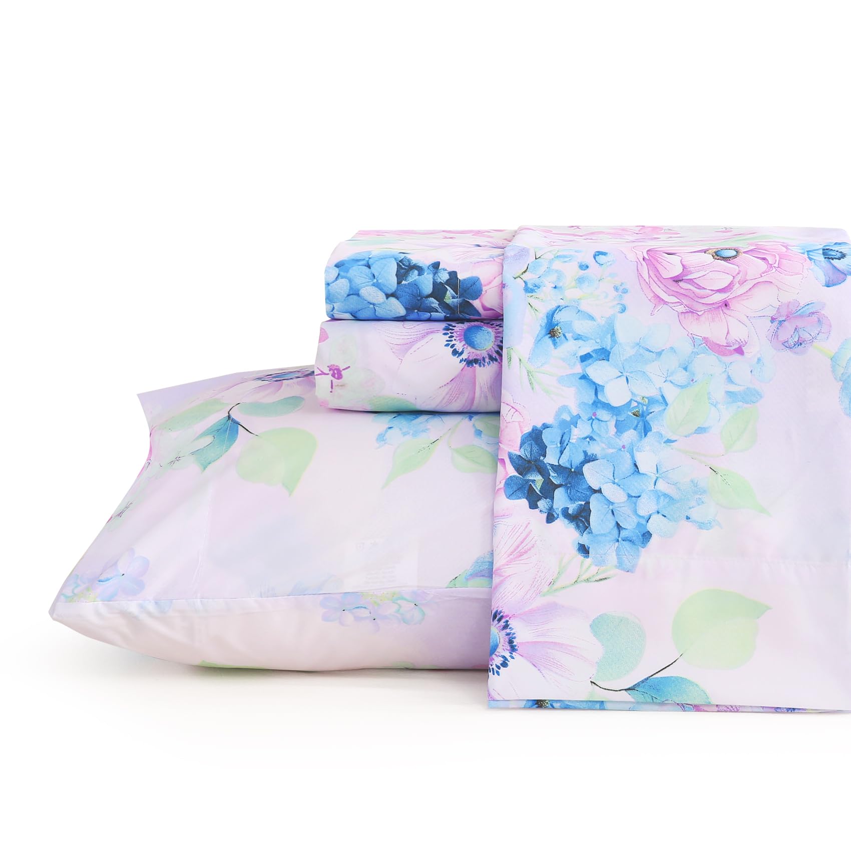 Jsd Purple Hydrangea Floral Sheet Set King Size, 4 Piece Printed Microfiber Bed Sheets Deep Pocket