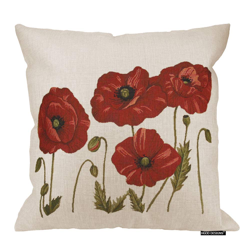 Hgod Designs Oil Painting Beautiful Plant Flowers Red Poppy Cotton Linen Throw Pillow Covers Case Cushion Cover Sofa Decorative
