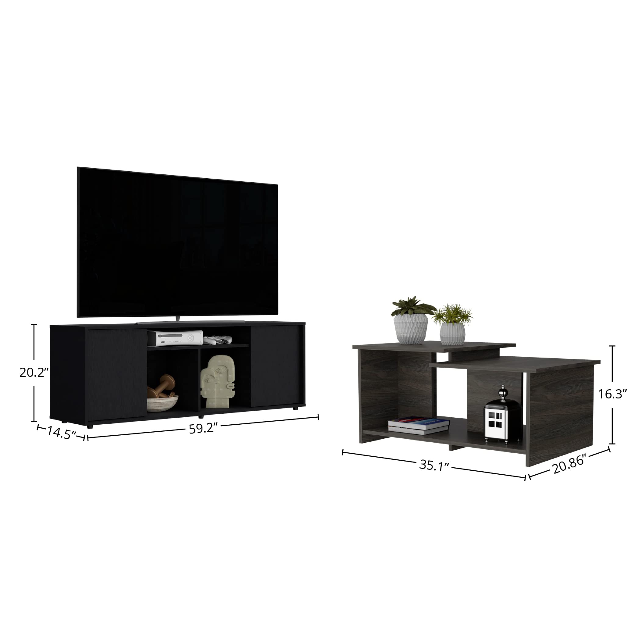 Danville 2 Piece Living Room Set, Tv Stand + Coffee Table, Black/Espresso