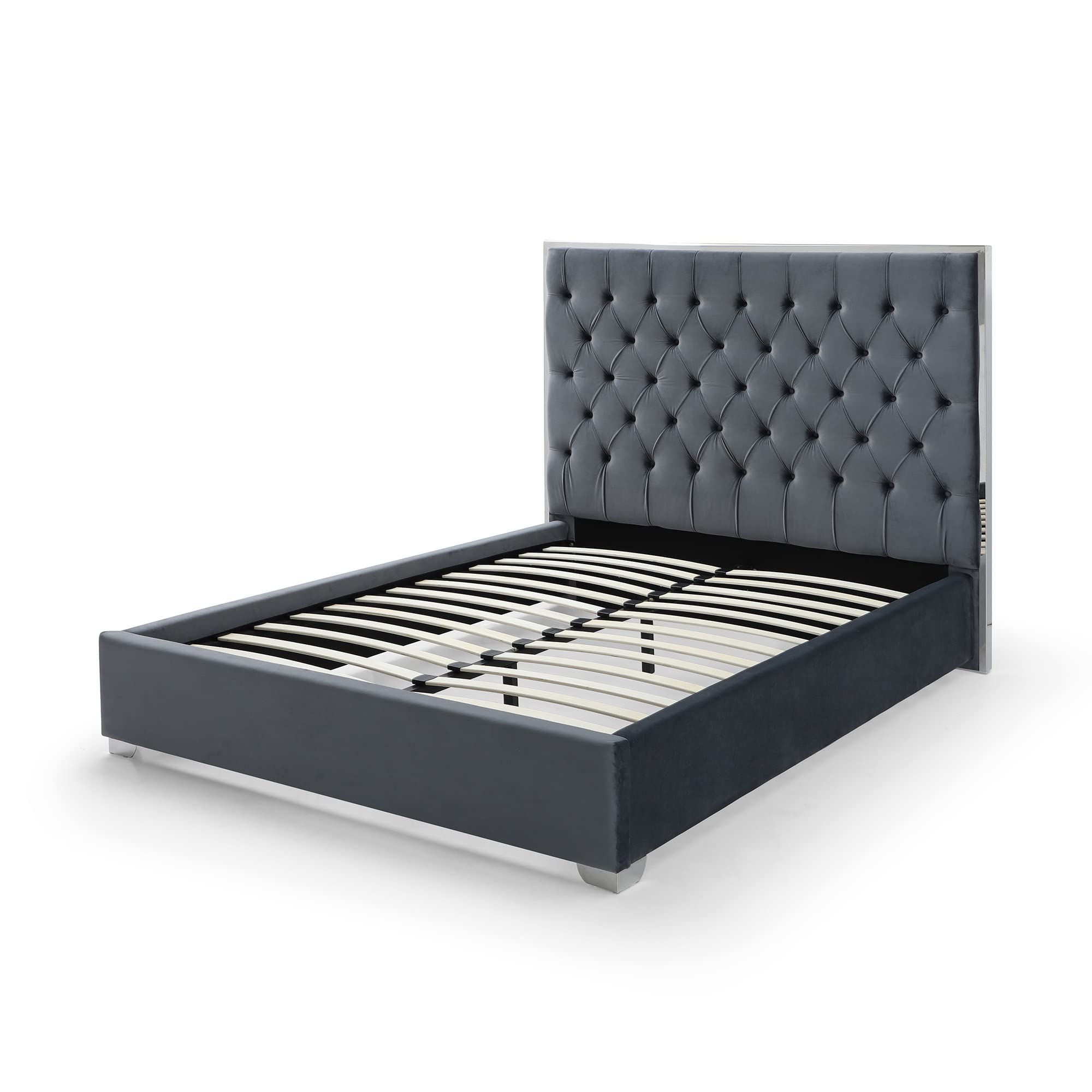 Better Home Products Sophia Velvet King Bed With Silver Metal Frame In Gray