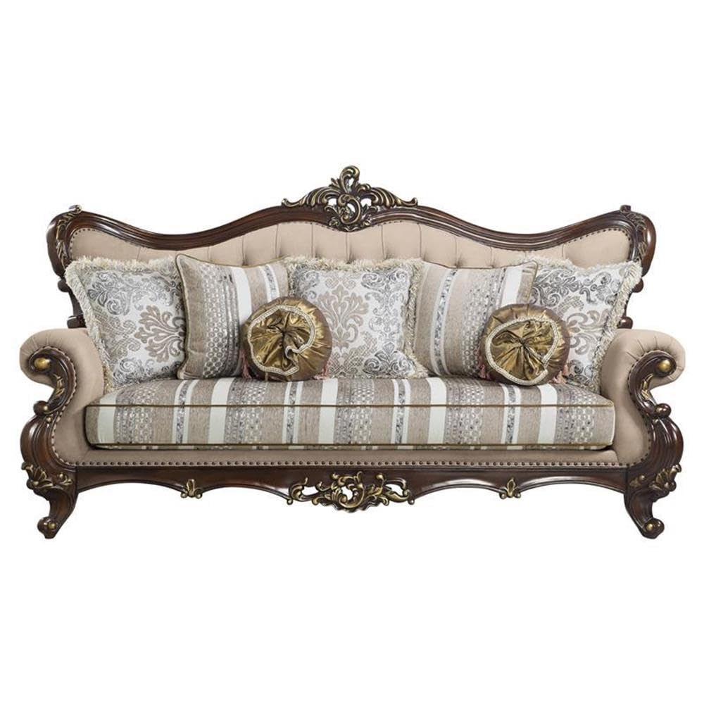 Acme Ragnar Sofa with 7 Pillows in Light Brown Fabric and Cherry