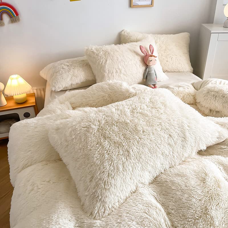 Chovy Faux Fur Plush Milky White Comforter Sets King - Ultra Soft Shaggy Flannel Velvet Fluffy Fuzzy 3Pc Bedding Set (Comforter
