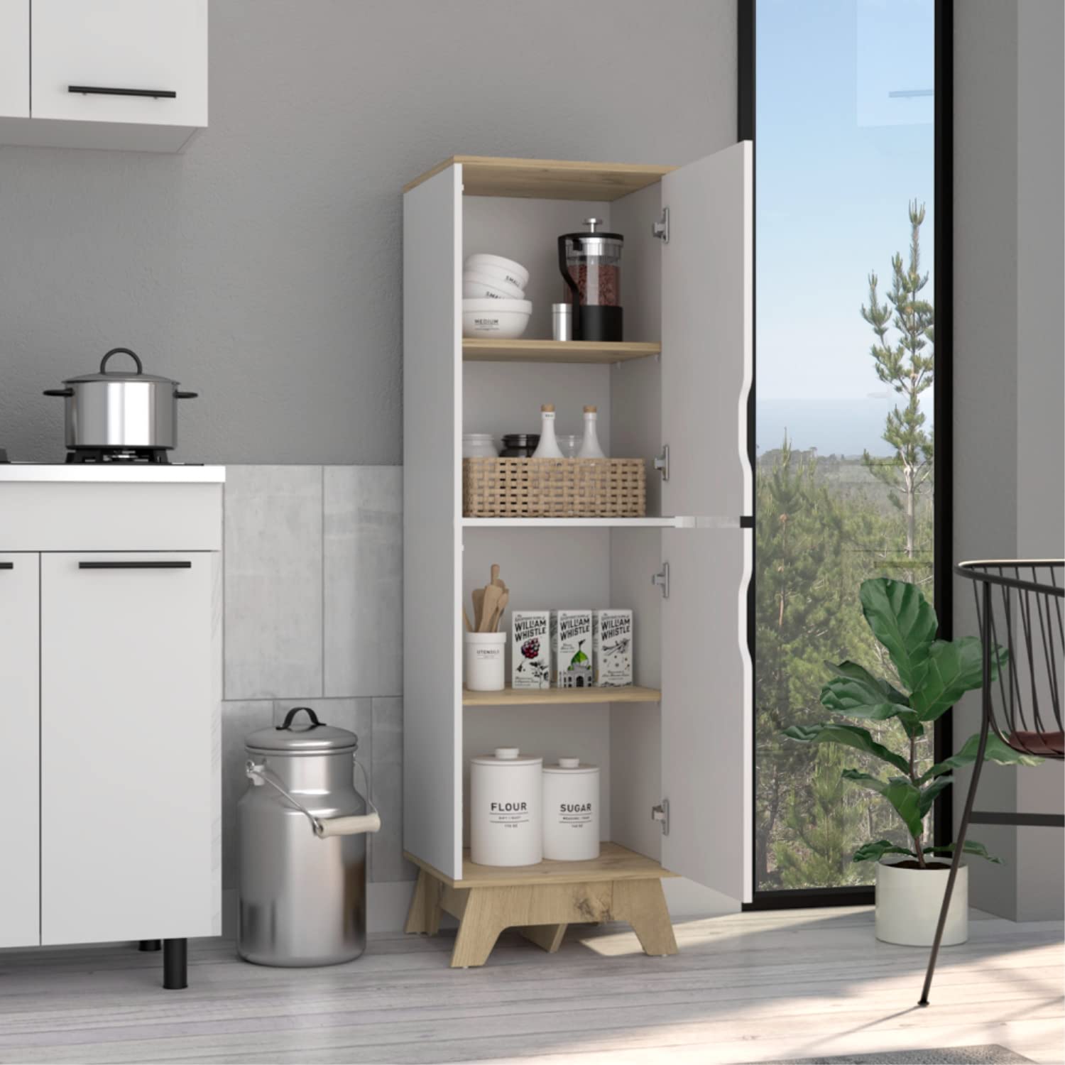 Multistorage Cabinet 59" H, 2 Doors, 4 Internal Shelves, Light Oak/White