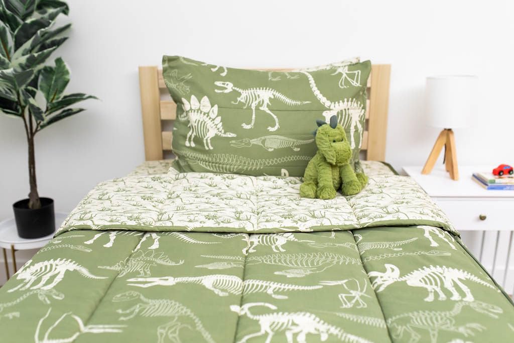 Beddy's Dinosaurs T-rex Theme Boys Durable Zipper Bedding, Bed in a Bag, Green Sheets and Comforter with Dino Fossils, Includes 