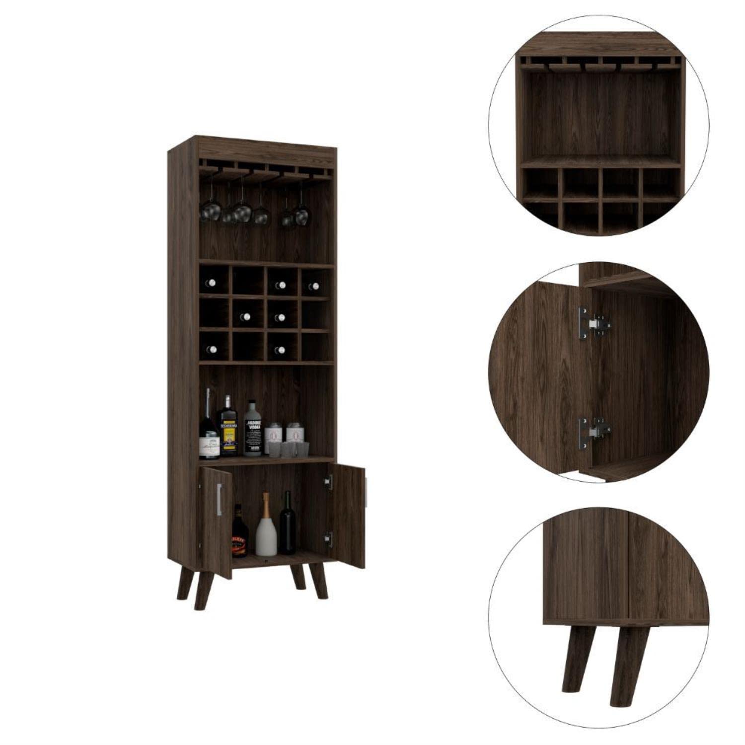 Harvey Bar Double Door Cabinet, 12 Wine Cubbbies, 2 Shelves, Dark Walnut