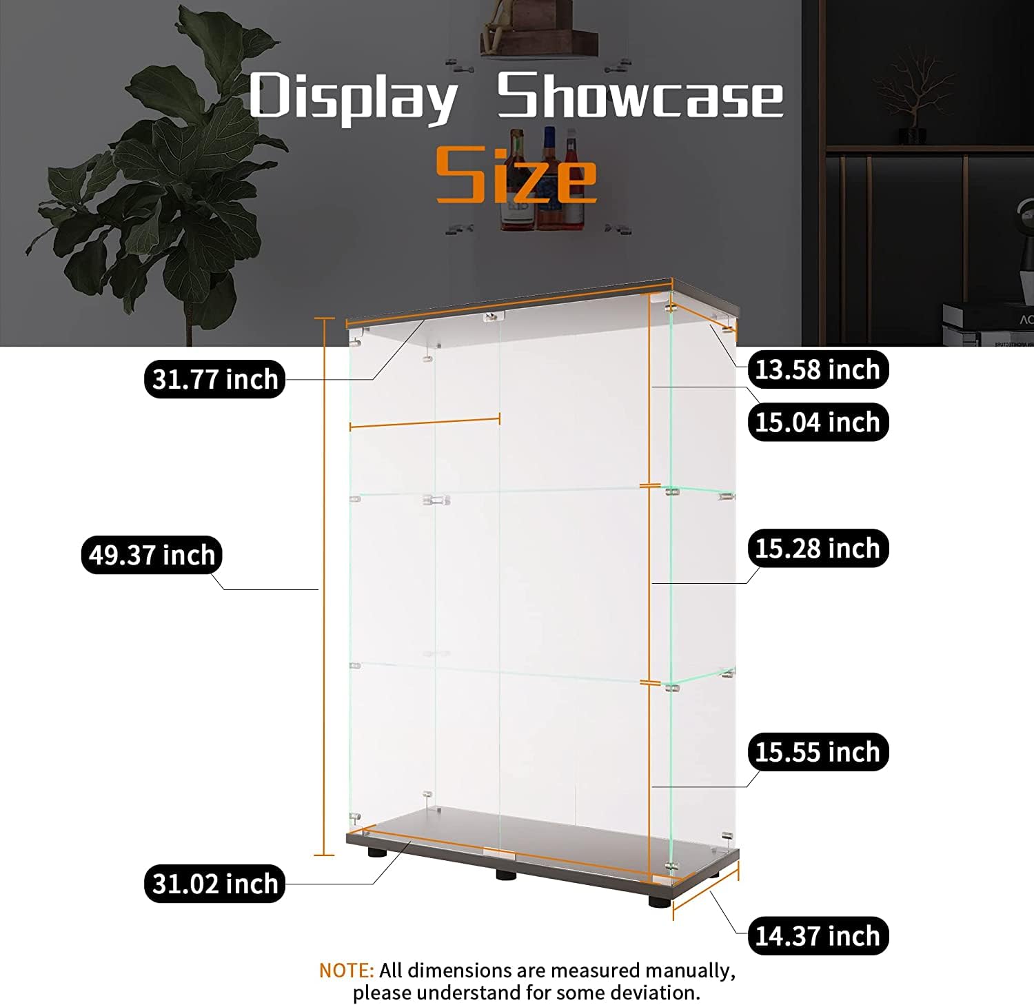 Beauty4U 2-Door Glass Display Cabinet, Black Curio Cabinets For Living Room, Bedroom, Office, Collection Display, Quick Installation In 30 Mins, 3 Shelves Black Floor Standing Glass Bookshelf